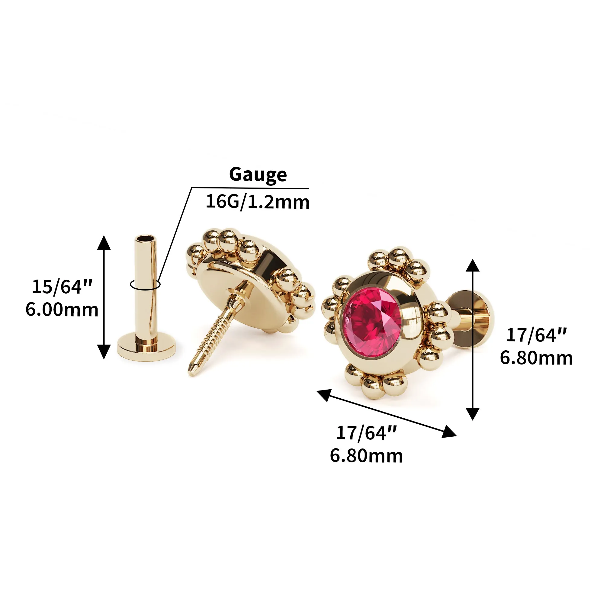 14K Gold Ruby Beaded Stud
