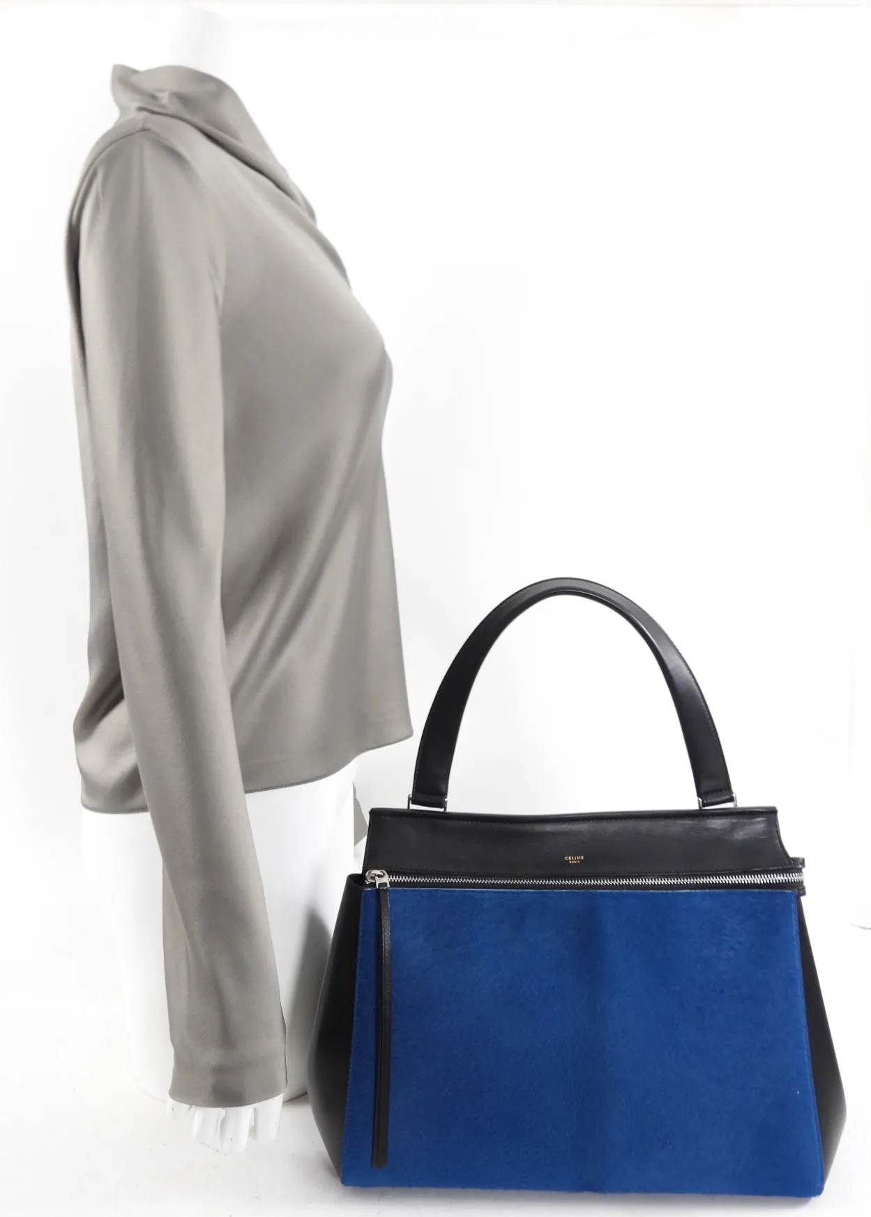 Celine Blue Pony and Black Leather Edge Bag