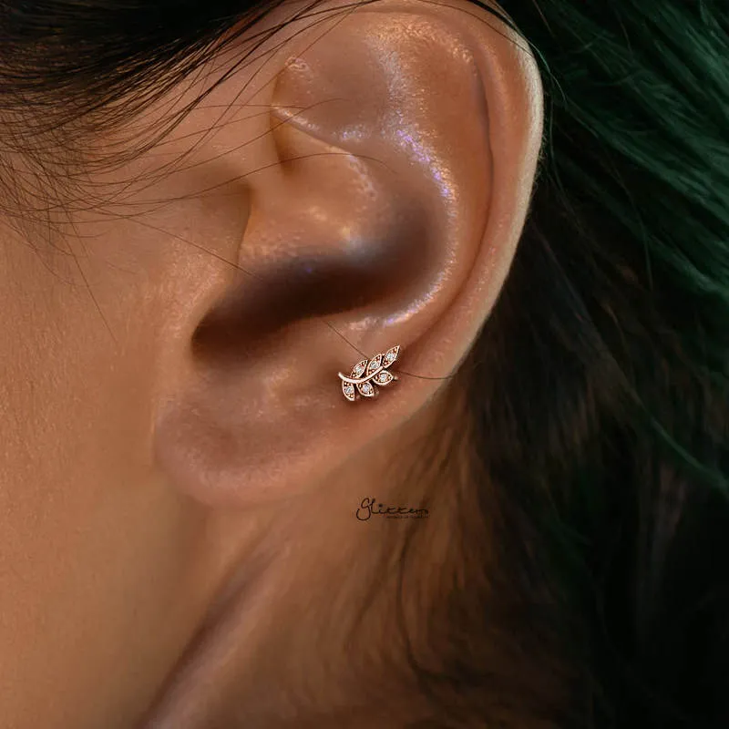 C.Z Paved Leaf Internally Threaded Top Cartilage/Tragus Flat Back Stud - Silver