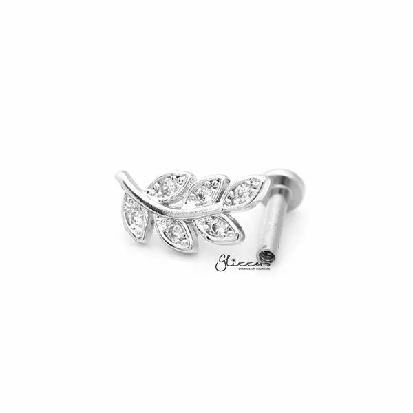 C.Z Paved Leaf Internally Threaded Top Cartilage/Tragus Flat Back Stud - Silver