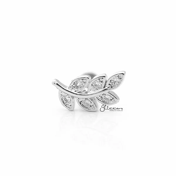 C.Z Paved Leaf Internally Threaded Top Cartilage/Tragus Flat Back Stud - Silver