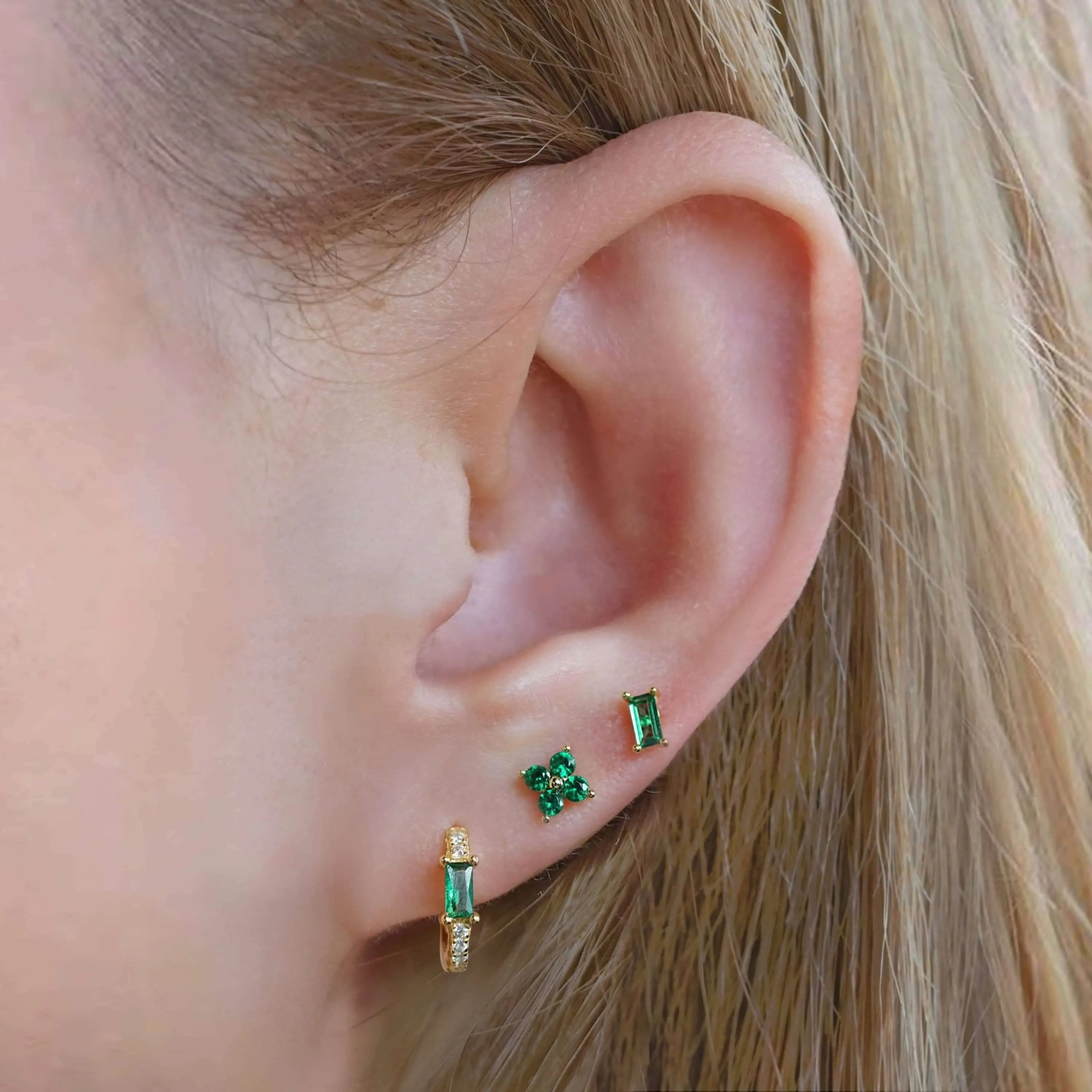 Emerald Green Four Leaf Clover Ball & Flat Back Cartilage Earrings