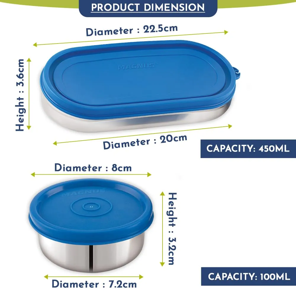 Magnus Easy Lock S S Prime Oval & Chocolate Container, Airtight & Leakproof Lid ,Tiffin For School, Office,Picnic, Ideal lunch boxes for Men, Women and Kids (Blue,100ml,450ml)