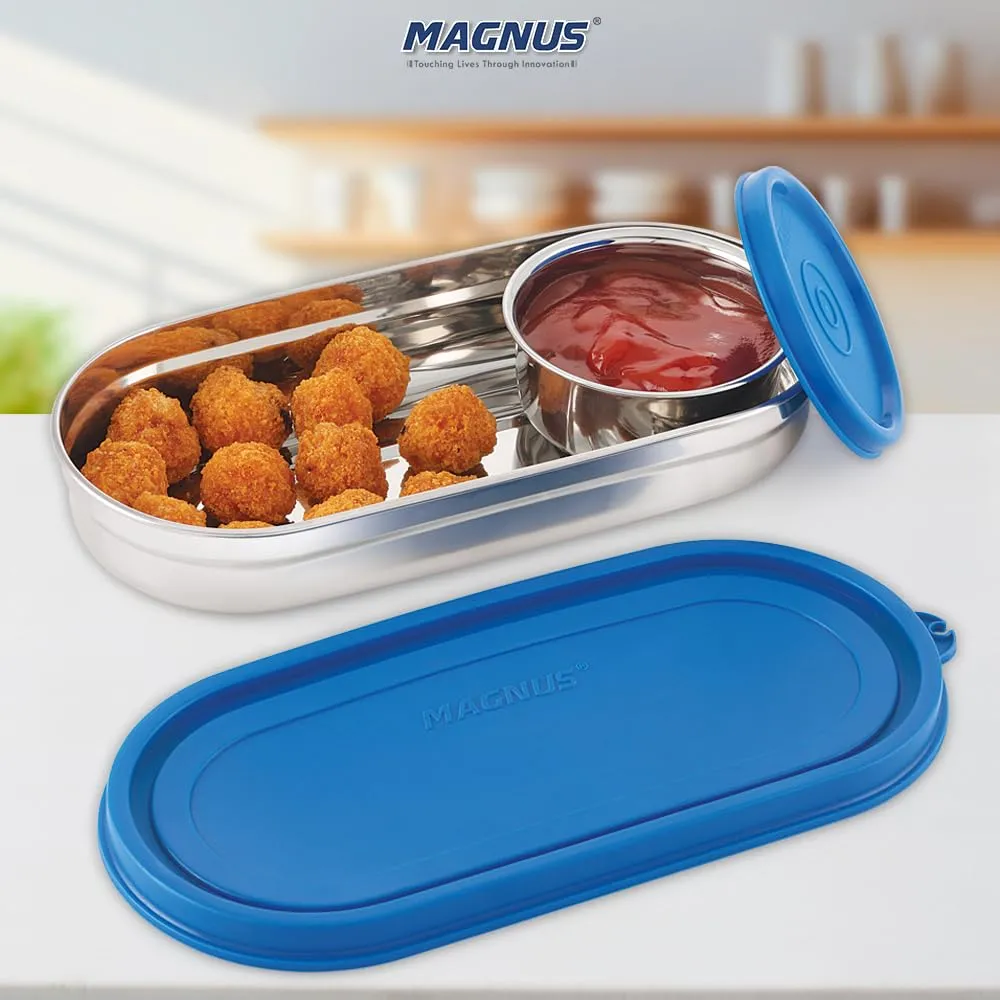 Magnus Easy Lock S S Prime Oval & Chocolate Container, Airtight & Leakproof Lid ,Tiffin For School, Office,Picnic, Ideal lunch boxes for Men, Women and Kids (Blue,100ml,450ml)