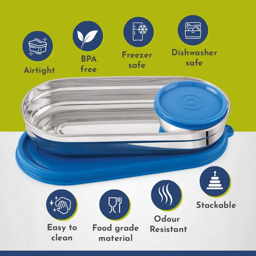 Magnus Easy Lock S S Prime Oval & Chocolate Container, Airtight & Leakproof Lid ,Tiffin For School, Office,Picnic, Ideal lunch boxes for Men, Women and Kids (Blue,100ml,450ml)