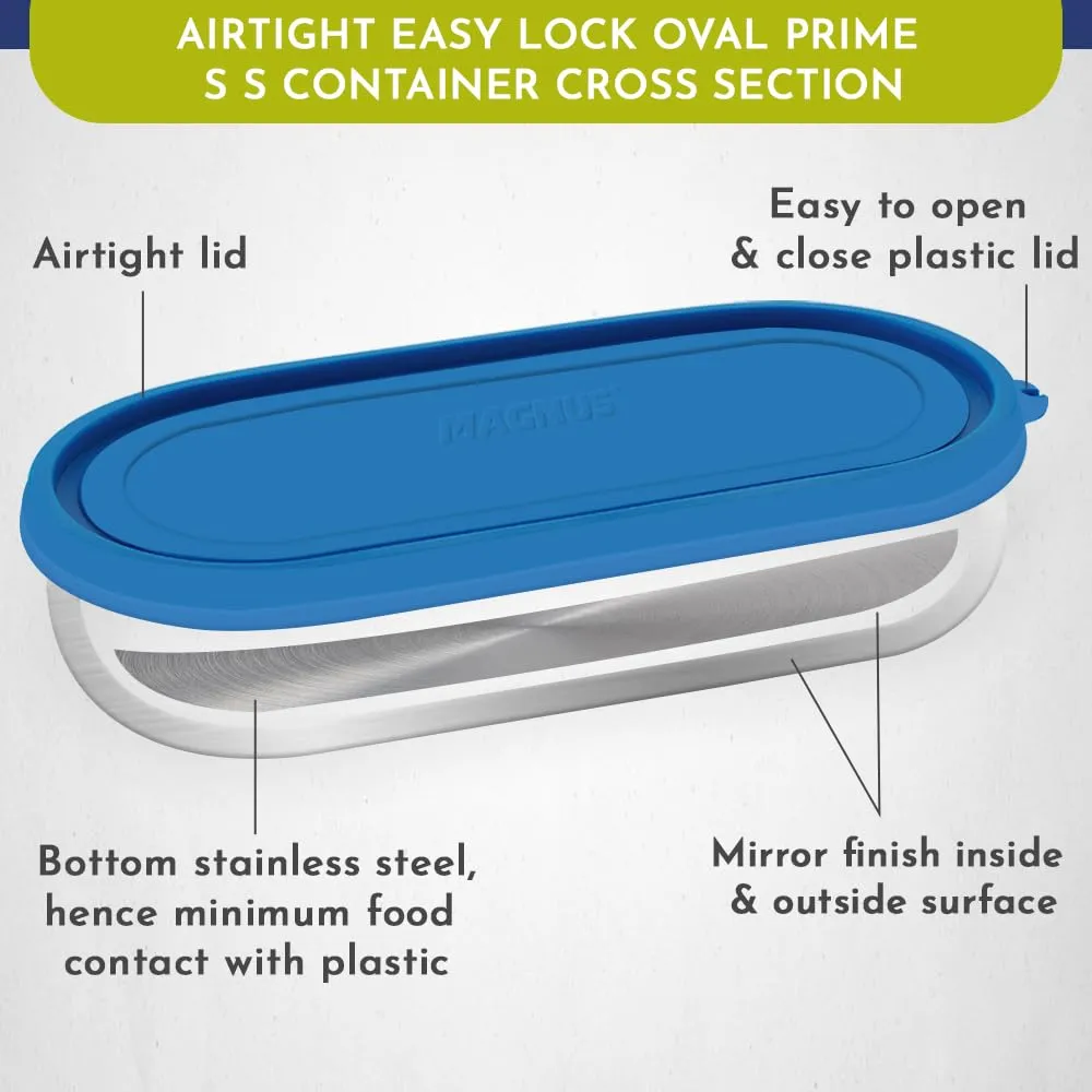 Magnus Easy Lock S S Prime Oval & Chocolate Container, Airtight & Leakproof Lid ,Tiffin For School, Office,Picnic, Ideal lunch boxes for Men, Women and Kids (Blue,100ml,450ml)