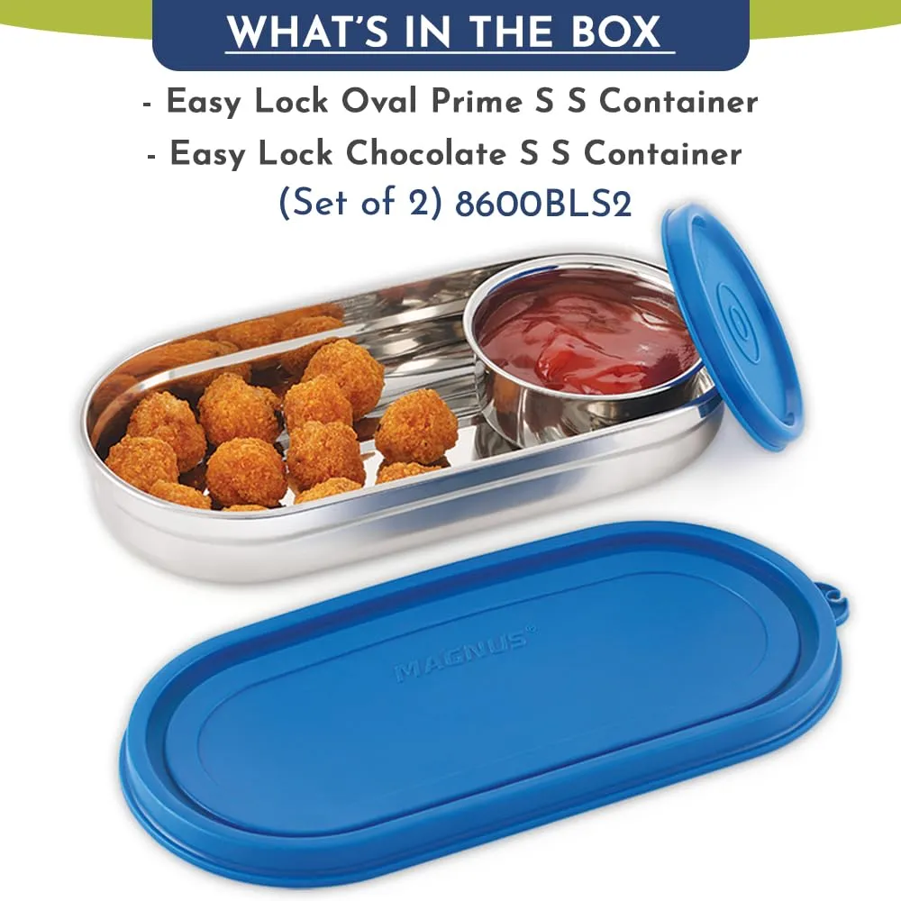 Magnus Easy Lock S S Prime Oval & Chocolate Container, Airtight & Leakproof Lid ,Tiffin For School, Office,Picnic, Ideal lunch boxes for Men, Women and Kids (Blue,100ml,450ml)