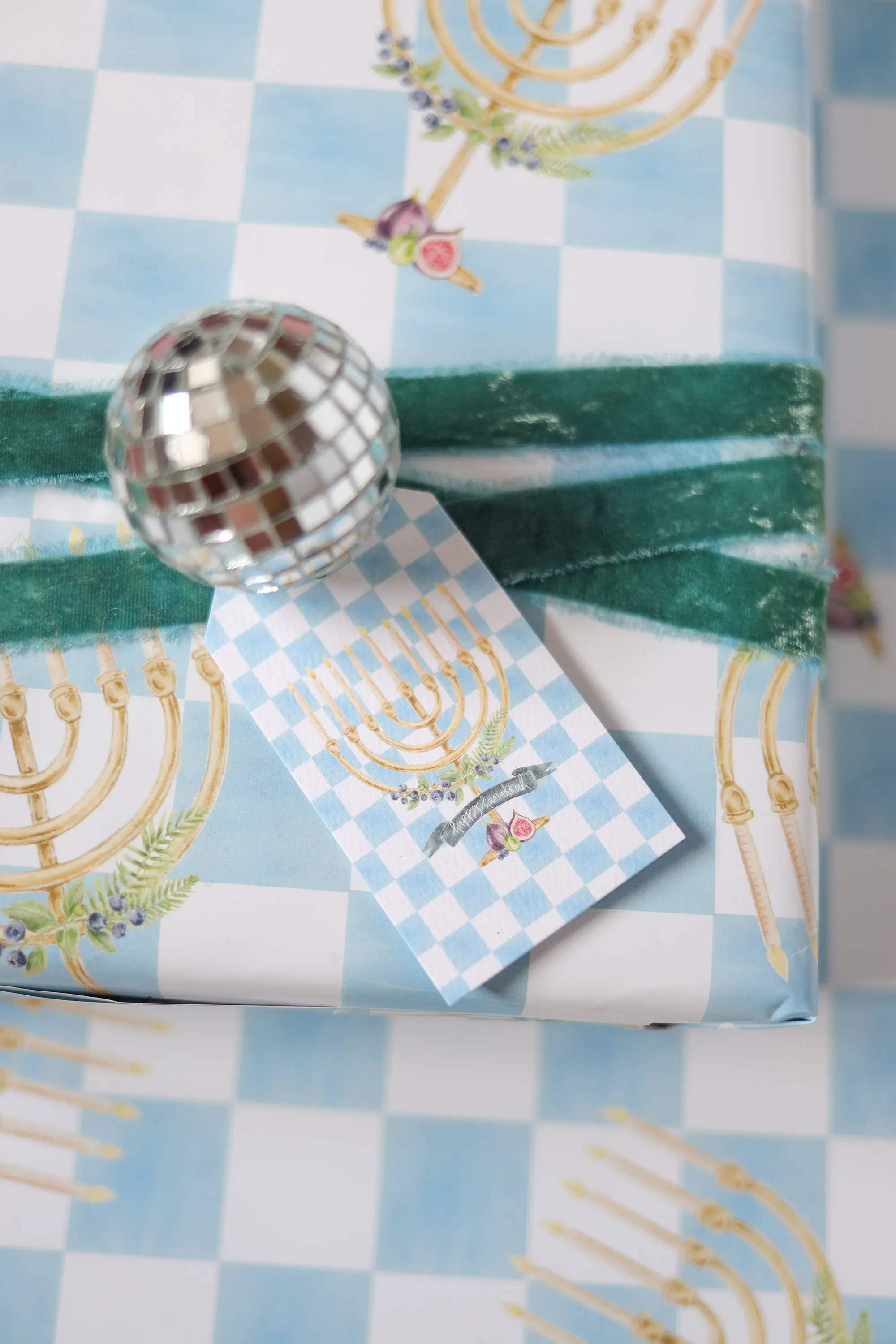 Menorah & Figs Blue Checker Print Gift Wrap