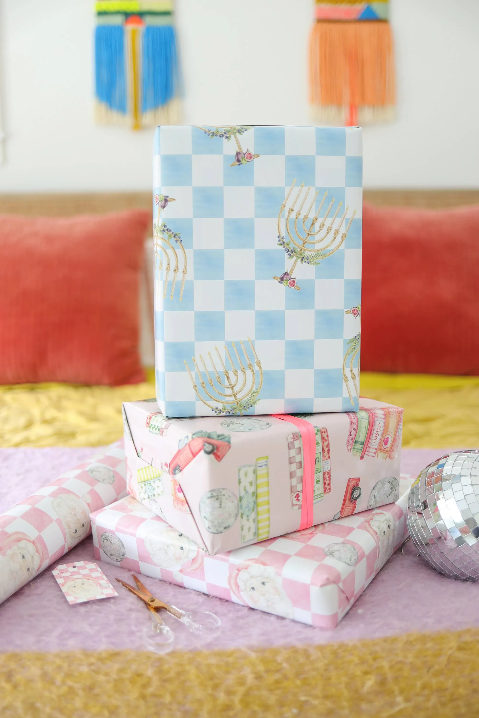 Menorah & Figs Blue Checker Print Gift Wrap