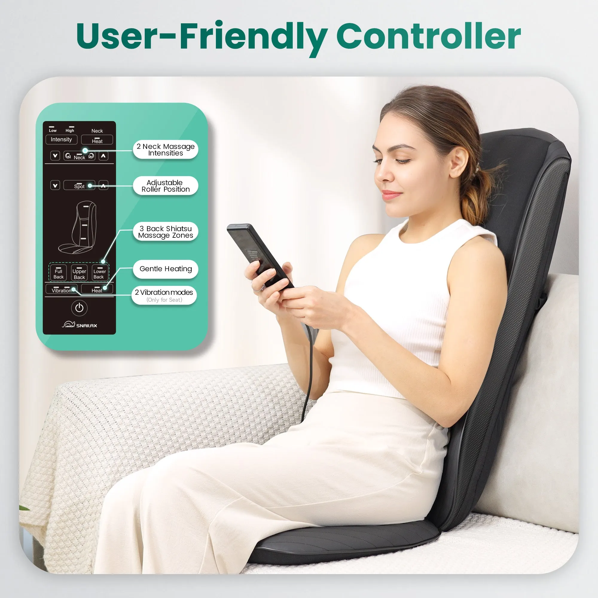 Snailax Upgraded Deep Kneading Shiatsu Back Massager with Heat with Adjustable Intensity - SL-220